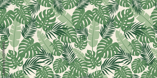 Dense seamless tropical botanical pattern with green palm and monstera leaves on light background. Lush summer exotic floral vector illustration for textile, banner, and wallpaper design