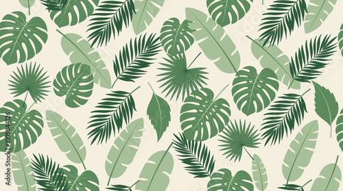 Seamless tropical botanical pattern with green palm leaves on light background. Exotic summer floral vector illustration with monstera and banana leaves for textile and wallpaper design