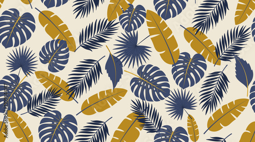 Seamless tropical botanical pattern with blue and mustard yellow palm leaves on a light background. Exotic summer floral vector illustration for textile and wallpaper design