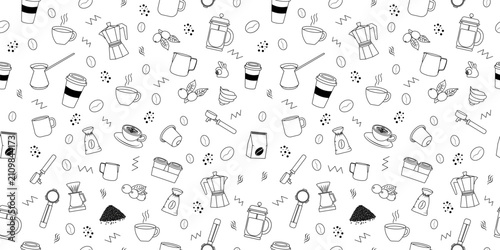 Seamless line art coffee pattern on white background. Minimalist doodle vector illustration with moka pot, coffee beans, cups, French press, and brewing equipment for cafe wallpaper and packaging