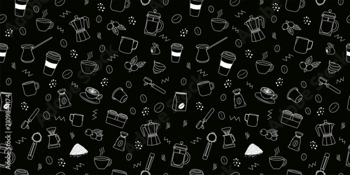 Seamless white line art coffee pattern on black background. Minimalist doodle vector illustration with moka pot, coffee beans, cups, French press, and brewing equipment for cafe wallpaper