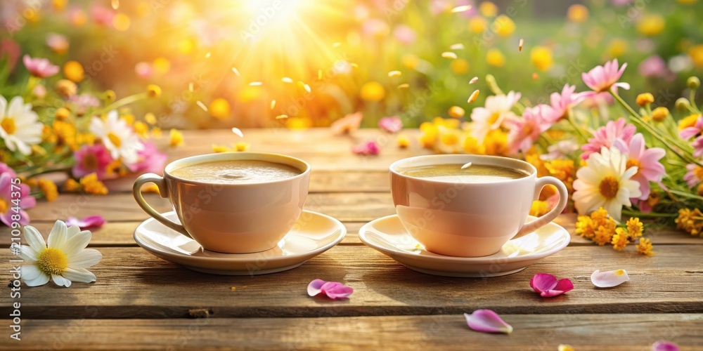 Fototapeta premium A serene morning scene featuring two steaming cups of coffee nestled amidst a vibrant bouquet of wildflowers bathed in warm sunlight on a rustic wooden table.