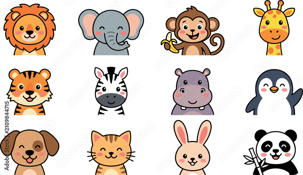 Obraz premium Cute Kawaii Animal Face Icon Set Featuring Adorable Cartoon Lion, Elephant, Monkey, Giraffe, Tiger, Zebra, Hippo, Penguin, Dog, Cat, Rabbit, and Panda