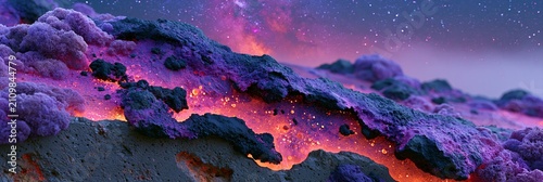 Alien landscape with glowing lava river and purple crystalline formations under a starry sky