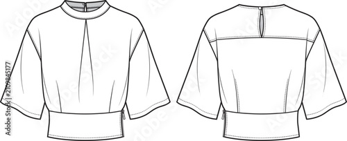 Women mock neck dolman sleeve blouse technical fashion flat sketch template front and back view
