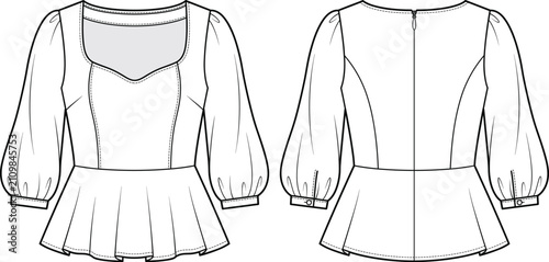 Women sweetheart neck peplum blouse technical fashion flat sketch template front and back view