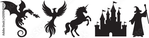 Fantasy Silhouette Collection Vector with Dragon Phoenix Unicorn Castle and Wizard