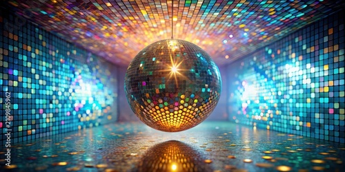 A shimmering disco ball hangs in a vibrant, multifaceted room, reflecting dazzling lights and creating a mesmerizing, joyful atmosphere