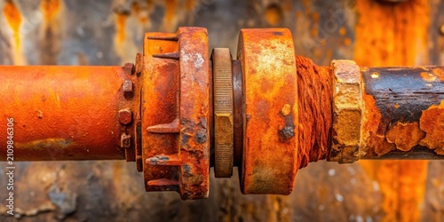 Intricate Detail of Heavily Oxidized Industrial Pipe Joint Featuring Corroded Metal and Aged Textile Wrapping