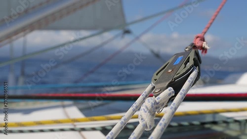 Close up of Sailboat Pulley and Ropes Sailing in Corsica