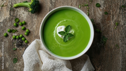 Fotografie Fresh Creamy Green Pea and Broccoli Soup in a Bowl with Mint Garnish on Rustic T