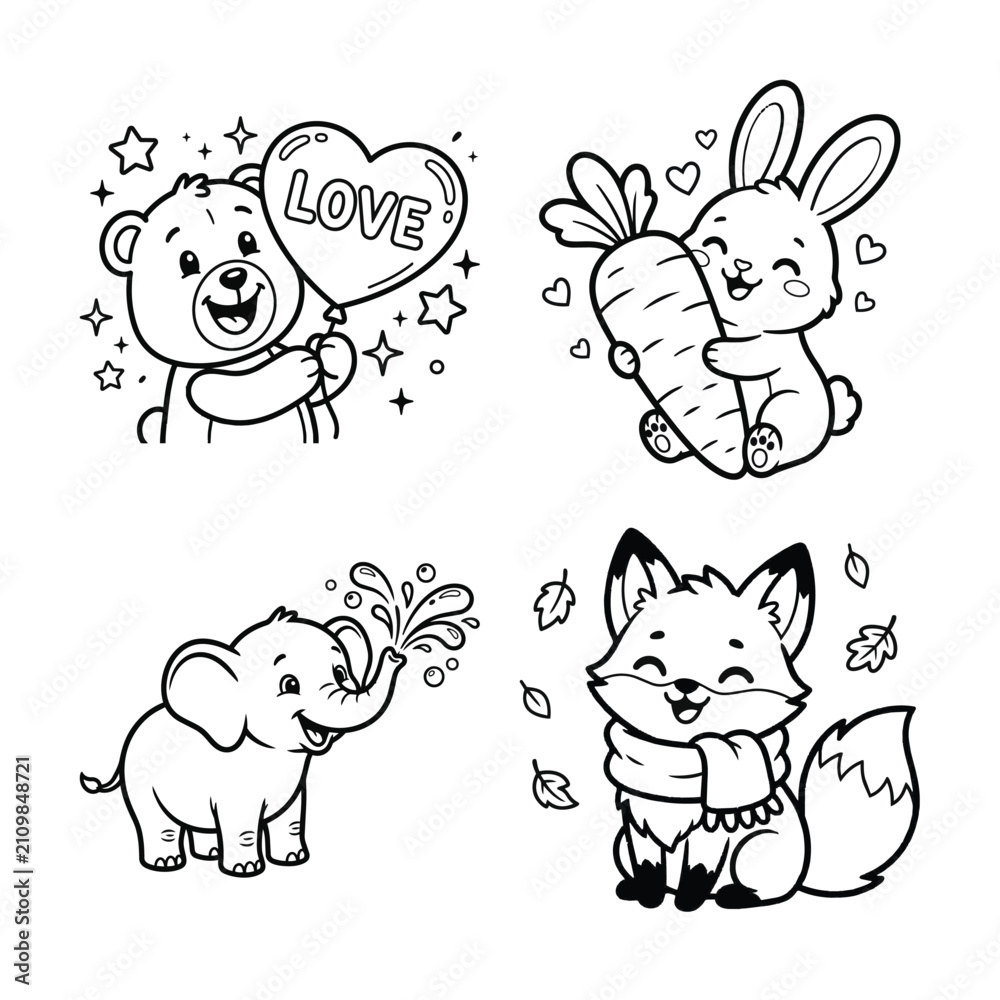 Obraz premium Cute Sweet Animals Coloring Book Vector Bundle with Bear Rabbit Elephant and Fox