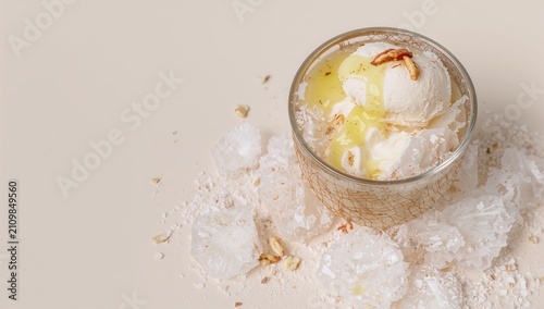 Konstfotografi Ice Cream Topped with Nuts and Syrup on Shredded Ice with Neutral Background