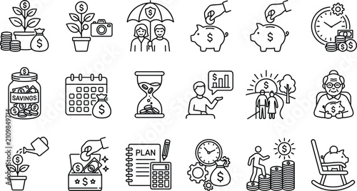 Retirement savings finance line icon set vector showing pension investment piggy bank money growth insurance calendar plan elements