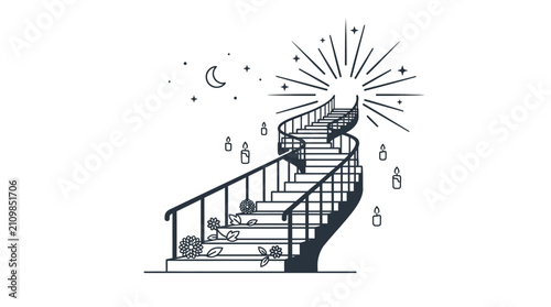 A mystical spiral staircase illustration with celestial elements and floating candles.