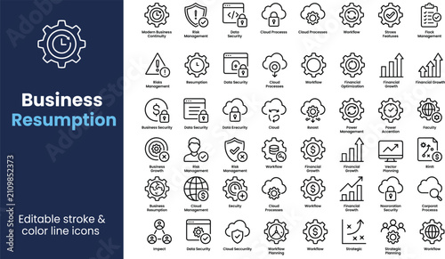 фотографія Business resumption icon set, editable stroke vector icons, risk management, dat