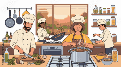 Diverse chefs collaborating in a bright modern kitchen cooking up a storm