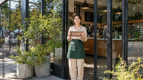 Female owner holding a open poster while smiling to the camera in front of coffee shop.
