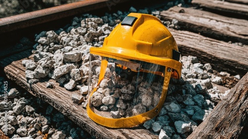 Yellow Safety Helmet With Face Shield On Railroad Tracks