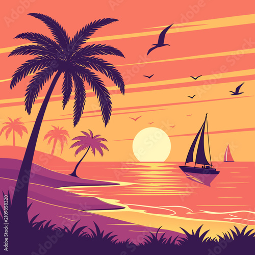 Beautiful coastal sunset vector landscape with multiple palm trees on sandy beach calm ocean water golden sun low on horizon silhouette sailboat and flying seagulls.