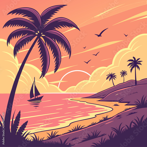 Tropical beach sunset vector illustration featuring large palm tree silhouette on left foreground sandy coastline calm ocean waves distant sailboats flying birds sky.
