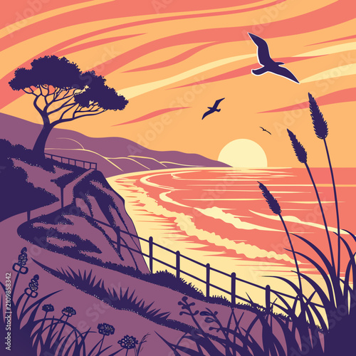 Scenic cliffside ocean sunset view vector illustration with tall grass and flowers in foreground winding path leading to beach distant sun and flying birds in sky.