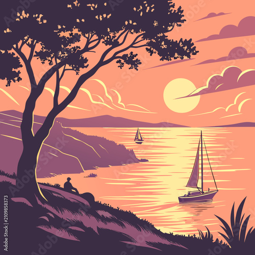 A serene sunset over calm ocean waters, with a lone sailboat cruising in the distance and a person relaxing on a grassy hill overlooking the bay.