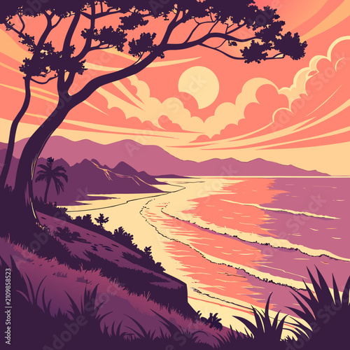 Sunset beach landscape with palm tree and mountains illustration features calm ocean waves and soft pastel colors glowing in warm evening sky for serene coastal scenery.