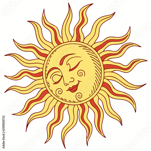 Sun with a smiling human face and sunbeams, in graphic style, vector illustration, isolated on white background.