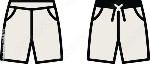 Photos Set of two simple flat vector icons representing casual summer shorts with pocke
