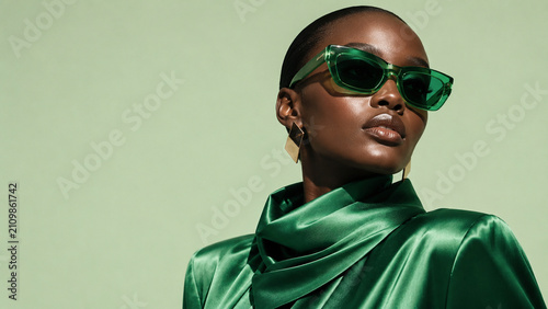 A stylish woman in glossy emerald clothing and matching sunglasses poses against a soft green background.