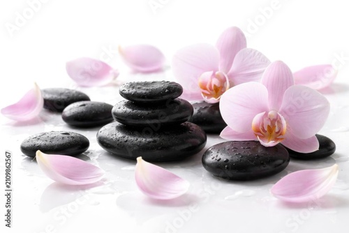 Smooth Black Stones Stacked with Pink Orchid Flowers - Spa Setting, Calming Atmosphere, Light Reflection
