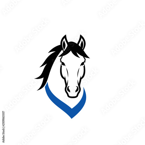 Modern horse head logo with blue collar icon.