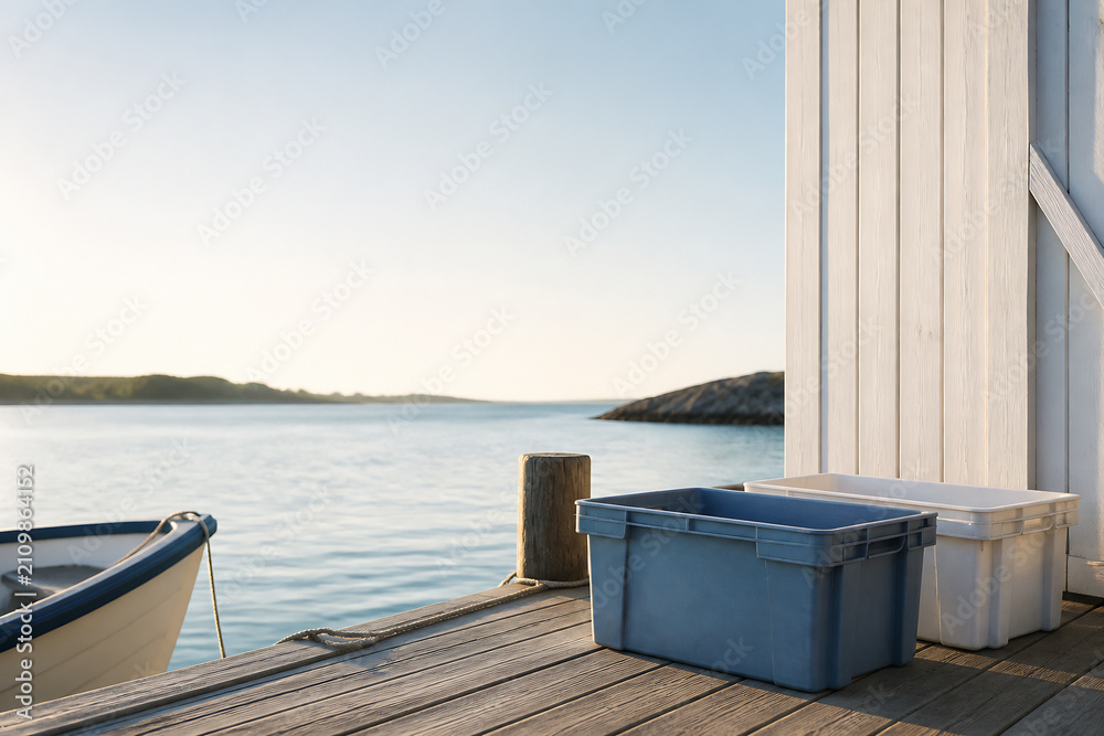 Naklejka premium A wooden dock extends over calm water with a blue plastic bin and boat visible under a clear sky.