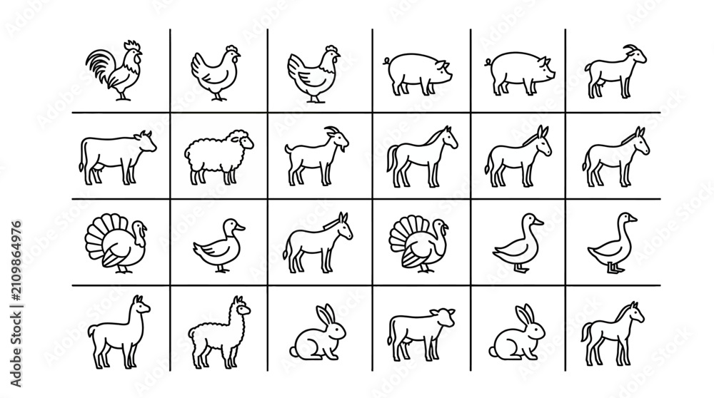 Fototapeta premium Educational pattern recognition worksheet for kids featuring farm animal icons in a grid layout for preschool learning and logic training with black and white line art style