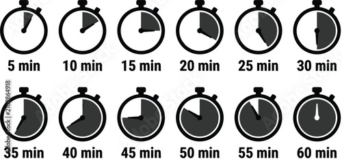 Obraz na płótnie Stopwatch countdown timer vector icon set showing minutes intervals from five to