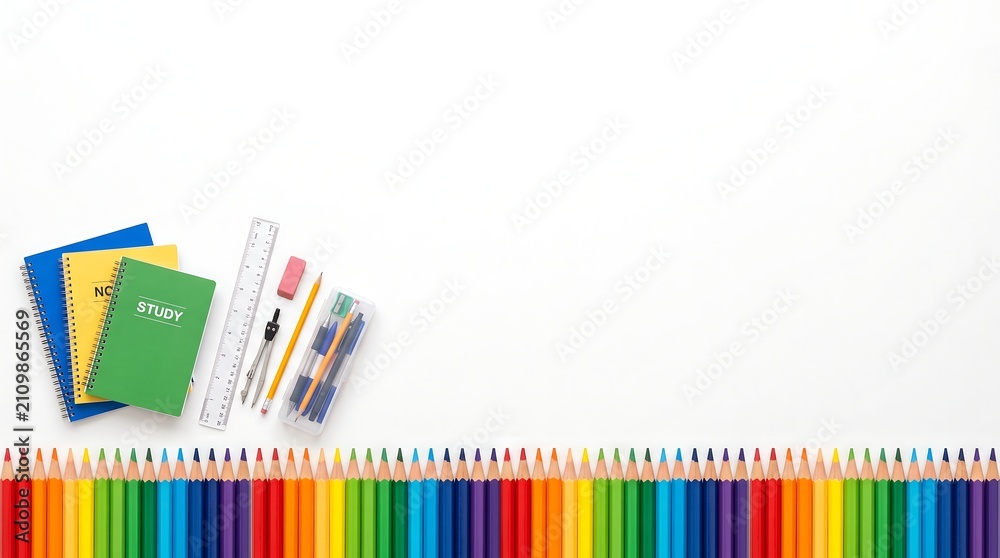 Fototapeta premium Colorful pencils and school supplies on white background.