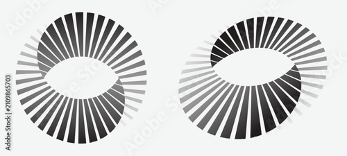 Abstract geometric spiral icons, monochrome circular radial patterns, modern optical illusion vector set for branding