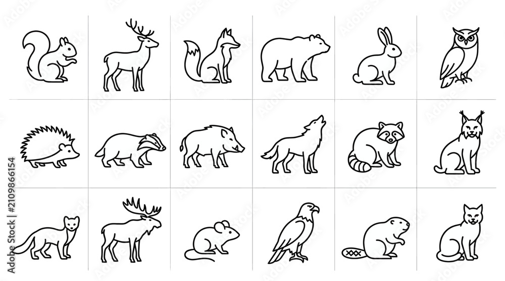 Obraz premium Collection of Minimalist Line Art Icons Featuring Various Forest Animals and Wildlife Creatures including Squirrel, Deer, Fox, Bear, Owl, Hedgehog, Raccoon, and Wolf in Black and White Set