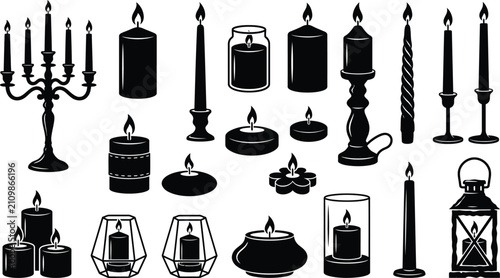 Cuadro en lienzo Assorted black candle silhouettes including candelabras, lanterns, and various w