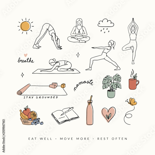 Hand-drawn doodle illustrating wellness habits like breathing, yoga, healthy eating, and mindfulness
