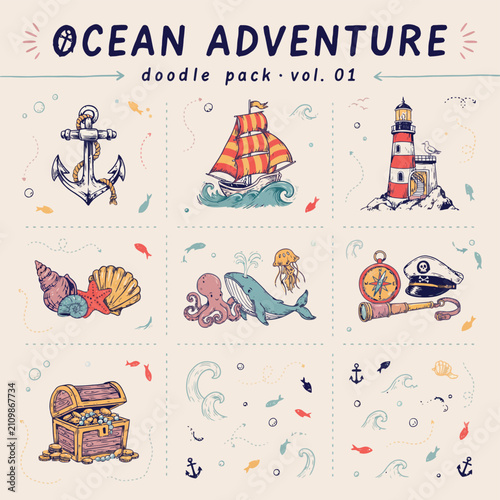 Hand-drawn ocean adventure doodles featuring pirate ship, sea creatures, and coastal themes treasure chest