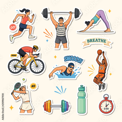 Healthy lifestyle activities: yoga, cycling, running, swimming, and breathing exercises with fitness tracking gadgets
