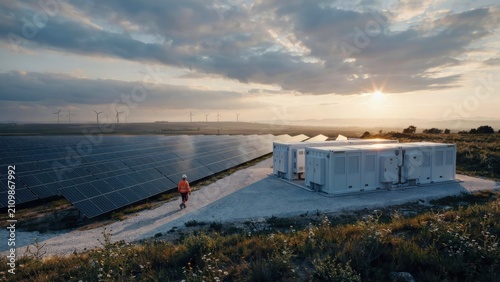Renewable energy farm with solar panels wind turbines and battery storage at sunset
