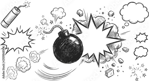 Quadro su tela Hand Drawn Comic Style Explosion Element Set Featuring Vintage Sketch Bomb Dynam