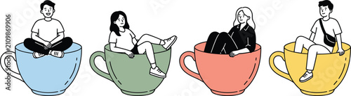Obraz na plátne Tiny people sitting inside giant colorful coffee cups doodle line art vector set