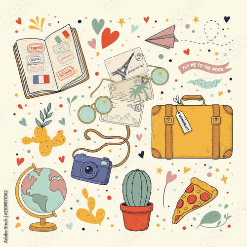 Scrapbook-style collage with travel tickets, postcards, camera, and souvenirs on a wooden background