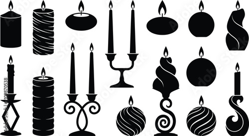 Schilderij op canvas Collection of black candle silhouettes with spiral patterns and various holders