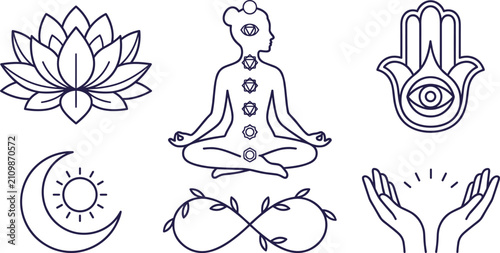 Canvas Print Spiritual Yoga and Meditation Line Icon Set Featuring Lotus Flower Meditating Pe