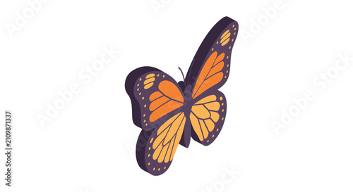 Monarch butterfly with orange and black wings in isometric view